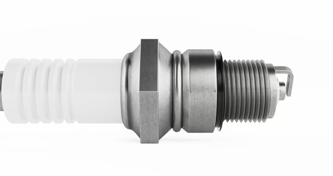 4k Resolution Video: Automotive Engineering And Maintenance Concept. Detailed Spark Plug For Internal Combustion Engine In Horizontal Closeup Animated On White Background With Alpha Matte