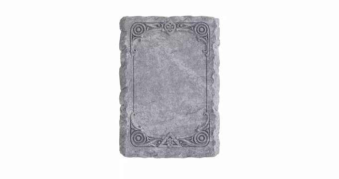 4k Resolution Video: Old Stone Tablet With Ornamental Carved Frame And Empty Surface For Engraved Text Or Monument Design Animated On White Background With Alpha Matte