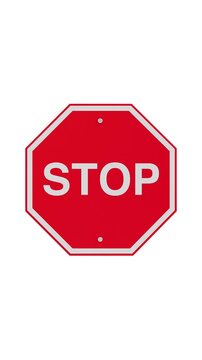 4k Resolution Vertical Video for Social Media:  Red Stop Sign Representing Warning, Regulation, And Mandatory Halt Message, Seamless Looped Animated On White Background with Alpha Matte