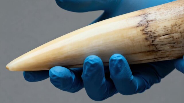 A pair of hands in blue surgical gloves holds and examines a large, antique sperm whale tooth.