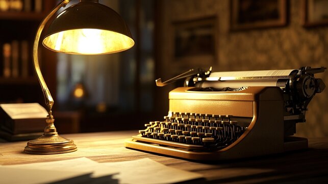 keystroke. Close-up of a vintage typewriter with brass details, softly lit by a warm desk lamp. product launch decks, UI/UX mockups, designed for product launches and innovation pitches.