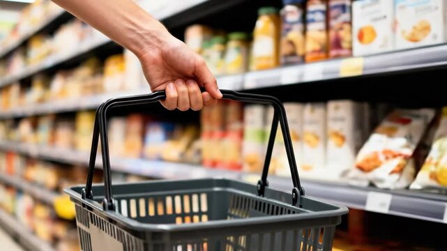 A person's hand holds a grey shopping basket while walking through a grocery store aisle.