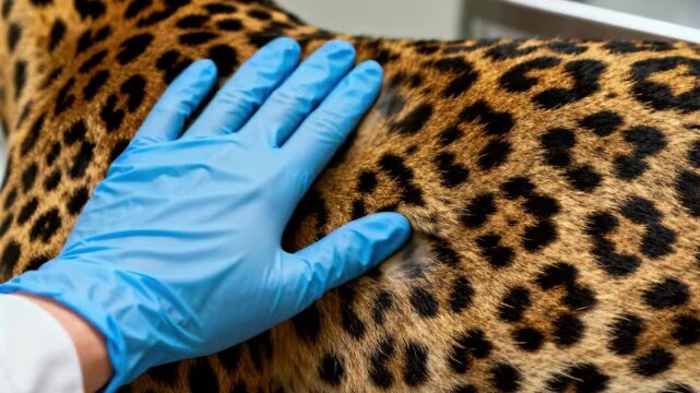 A gloved hand gently strokes the spotted fur of a leopard, wildlife care, veterinary examination.