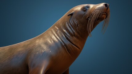 Obraz premium Close-up portrait of a curious sea lion with whiskers against a deep blue background