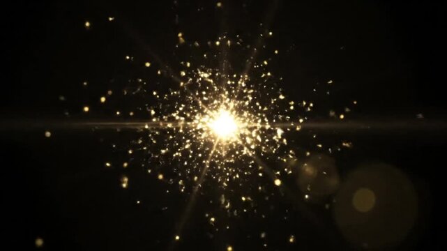 Bright golden starburst effect with sparkling particles and light flares on a dark background