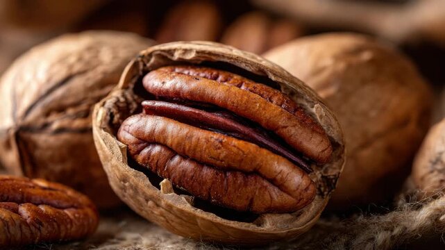 Closeup of a cracked pecan nut showing kernel