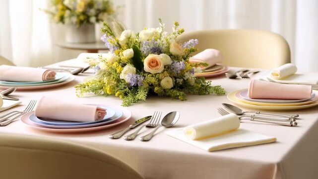 An elegant timelapse of an easter table setting with pastel plates and napkins arranging themselves around a floral centerpiece, concept of holiday dining and family gathering