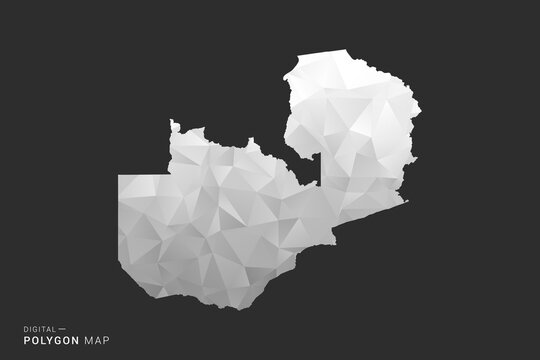Zambia Map - Polygon style vector illustration in black, gray and white low poly geometric design, minimal silhouette, isolated for infographic.