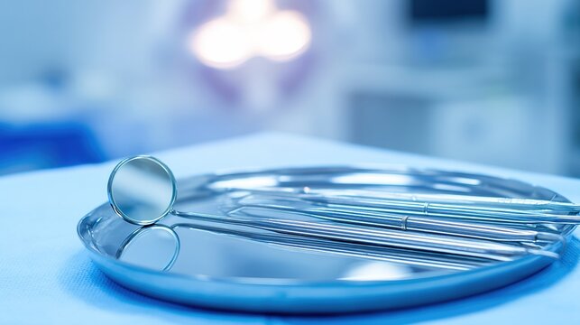 sterilization. Dental tools arranged neatly on a blue tray under clinical lighting in a clean medical setting. STEM education sheets.