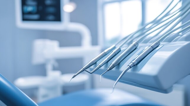 sterilization. Dental tools arranged neatly on a blue tray under clinical lighting in a clean medical setting. STEM education sheets.
