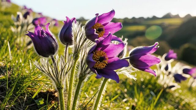 Close-up of vibrant purple pasqueflowers blooming in a grassy field on a sunny day with soft focus background.