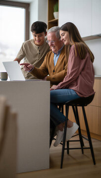 Tech-savvy grandfather enthusiastically revealing digitized family archives to his teenage grandchildren during a collaborative ancestry project