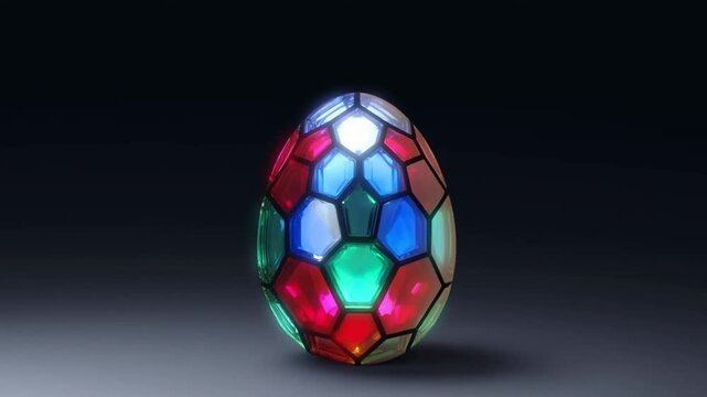 A luminous timelapse of an egg transformed into stained glass with black leading lines and translucent jewel-toned colors, concept of cathedral art and light play