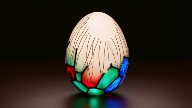 A luminous timelapse of an egg transformed into stained glass with black leading lines and translucent jewel-toned colors, concept of cathedral art and light play