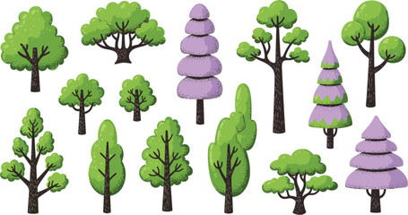 Stylized Cartoon Tree Vector Collection Featuring Decorative Green and Purple Forest Trees for Nature Landscape Illustration, Garden Design, Fantasy Environment, and Botanical Graphics © Nilota