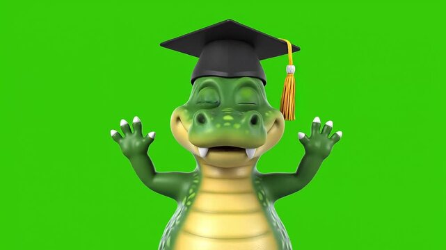 Funny cartoon crocodile wearing graduation cap on green screen background