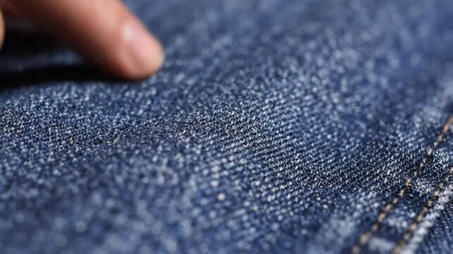 Close-up of Blue Denim Fabric with Finger Tapping and Textural Sound Recording, Demonstrating Material Texture
