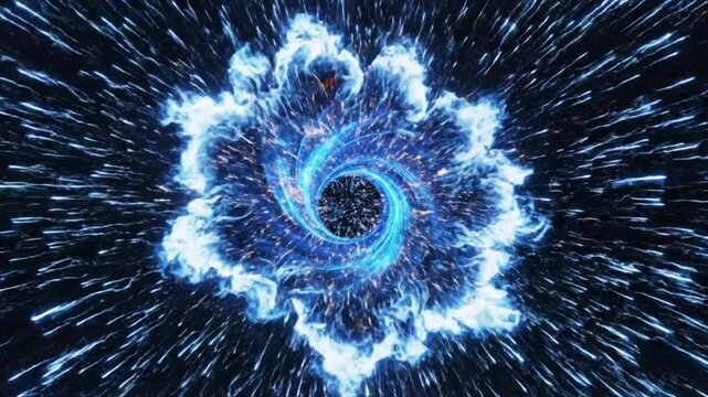 Abstract illustration of a swirling galaxy vortex forming and exploding within a starfield background