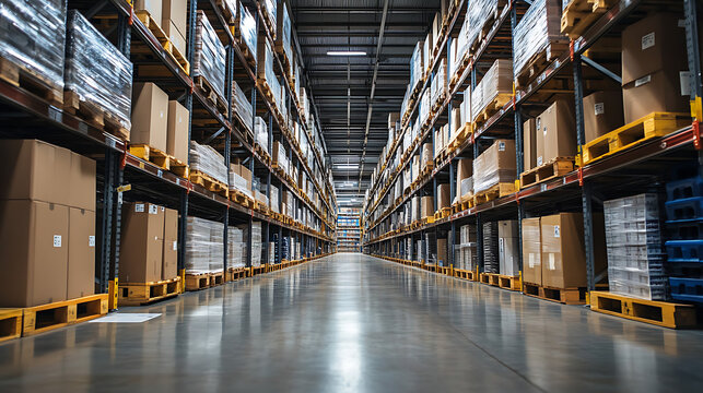 Empty warehouse aisle lined with stacked cardboard boxes. High ceilings and steel beams create industrial atmosphere. Bright lighting illuminates polished concrete floor
