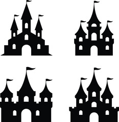 Obraz premium Collection of four black silhouette castle icons on white background for design and decoration