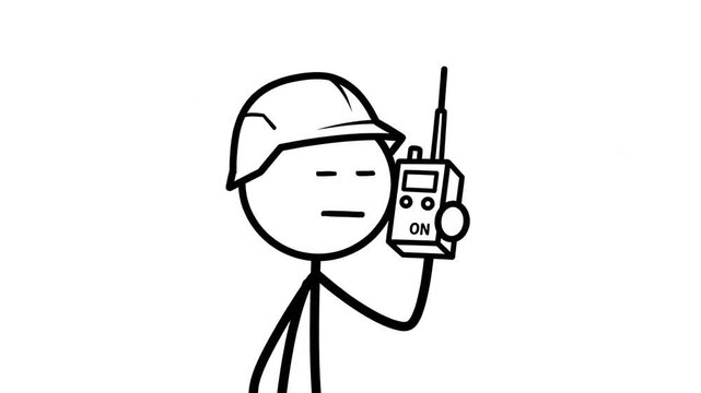 Stick figure worker wearing a hard hat holds a remote control or walkie talkie device
