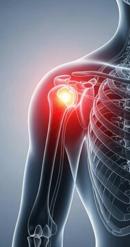 Medical illustration of human shoulder anatomy with pain highlight