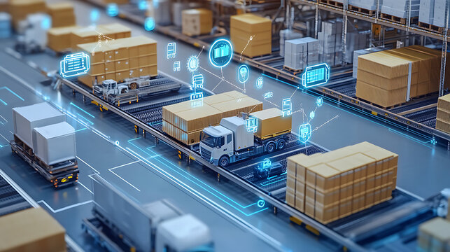 Blue-toned futuristic warehouse with trucks and cargo containers. Digital holograms float above the vehicles and racks. Bright lines connect equipment, showing intelligent logistics flow