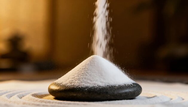 minimalist zen white sand pouring creating perfect cone shape on smooth dark stone