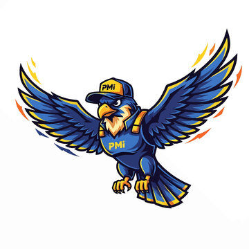 Blue eagle mascot wearing PMI hat and vest with wings spread