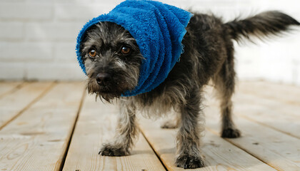 Scruffy small mixed breed dog wearing blue towel on wooden deck outdoors