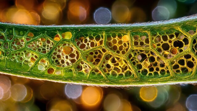 leaf structure macro, plant cell details, green and yellow