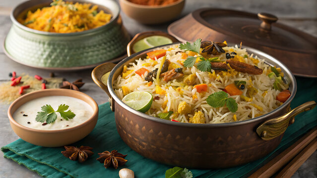 Vegetarian Hyderabadi Dum Biryani Ramadan Food Photo.