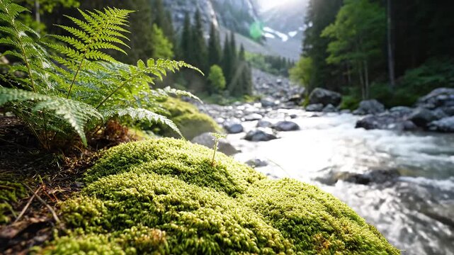 Lush Green Moss and Ferns Beside a Flowing Mountain River.