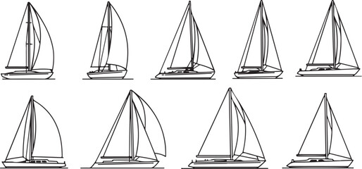 Illustration of various sailboat designs with different sail configurations and rigging styles Vector © Runa