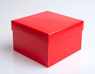 A bright red square box with a lid on a white surface