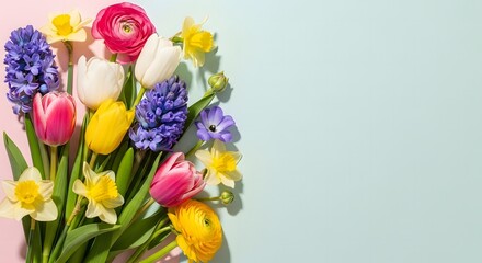 Obraz premium spring floral pattern background with colorful blooming flowers forming dense decorative layout, pastel yellow backdrop, modern aesthetic flat lay