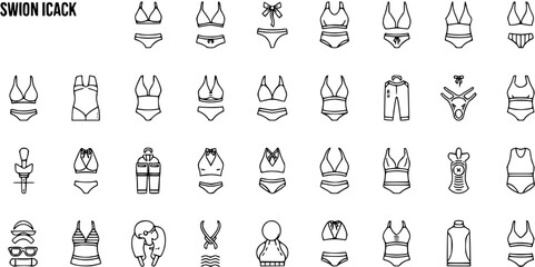 Diverse collection of swimwear and swim accessories icons in outline style on white background © vectorcorp
