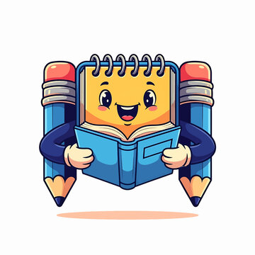 Cheerful Notebook Character Reading a Book between Pencils