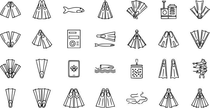 Swimming Fins and Flippers Line Art Vector Icon Set. Includes Aquatic Life, Water Sports, Diving Gear, and Related Outline Symbols.