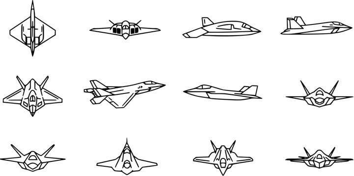 Line art illustrations of various modern stealth fighter jets from different perspectives: top, front, and side views, for military aviation and technology themes.