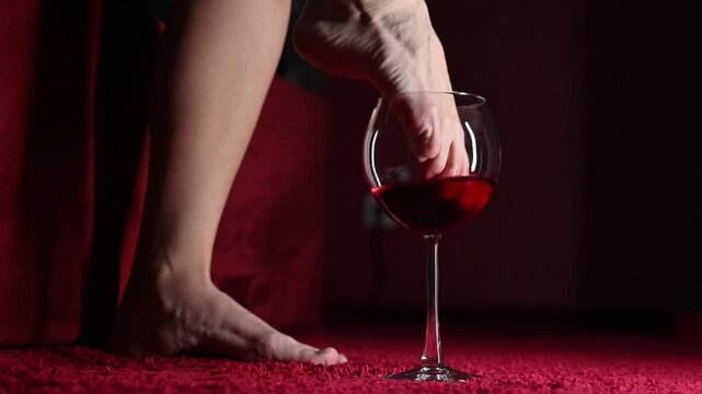 Foot fetish. A woman dips her foot into a glass of wine. 