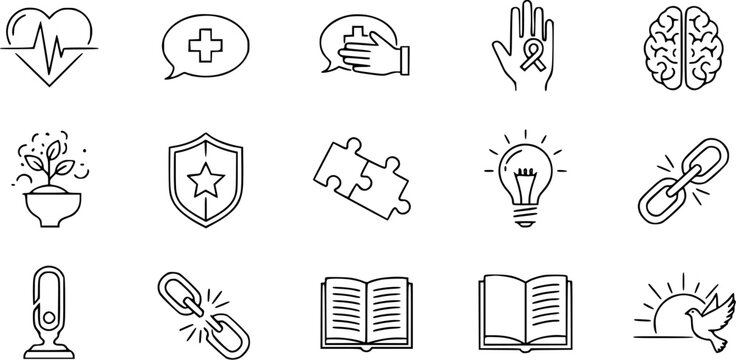 Vector line icons collection: health, medical, communication, brain, growth, security, puzzle, idea, connection, education, peace. Modern minimal design elements.