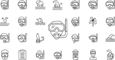 Collection of Snorkeling and Diving Icons: Masks, Flippers, Waves, and More for Summer Activities © vectorcorp