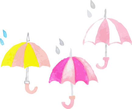 カラフルな傘と雨のイラスト｜梅雨 雨の日 水彩風