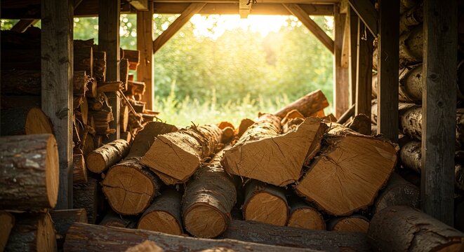 A rustic wooden structure filled with stacked firewood logs illuminated by warm golden sunlight