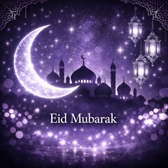 Festive Eid Mubarak Background with Glowing Crescent Moon, Mosque Silhouette and Golden Lantern Lights