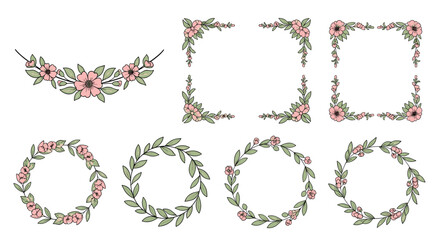 Obraz premium Collection of floral frames and wreaths with pink flowers and green leaves provides elegant decorative elements for wedding or card designs.