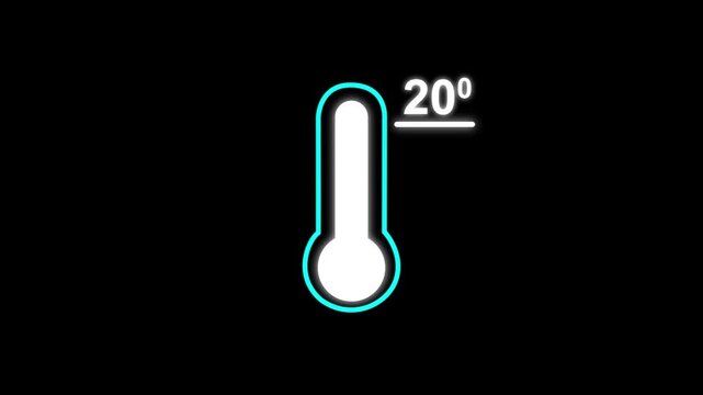 Neon glowing medical thermometer icon animation. That's indicates weather temperature 20 degree increase or decline. Thermometer equipment showing hot or cold weather.