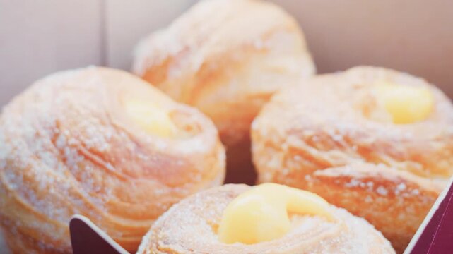 Lemon curd cruffins in bakery box with sugar dusting