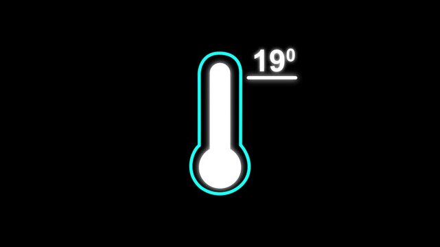 Neon glowing medical thermometer icon animation. That's indicates weather temperature 19 degree increase or decline. Thermometer equipment showing hot or cold weather.